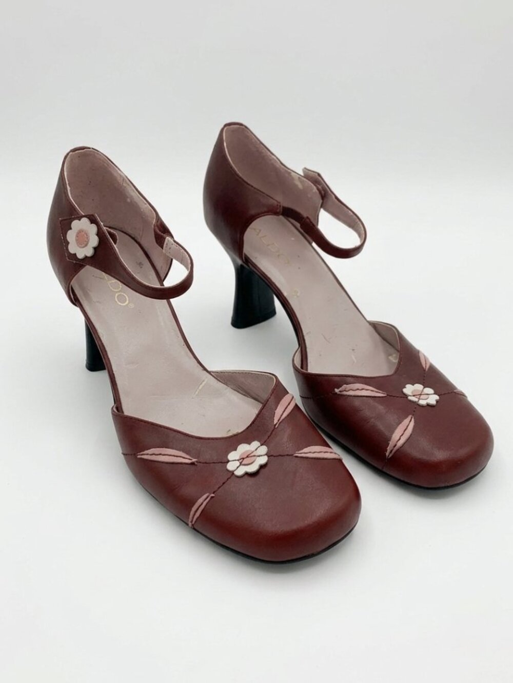 ALDO - Vintage Burgundy Leather Floral Mary Jane Heels – Size 39M
